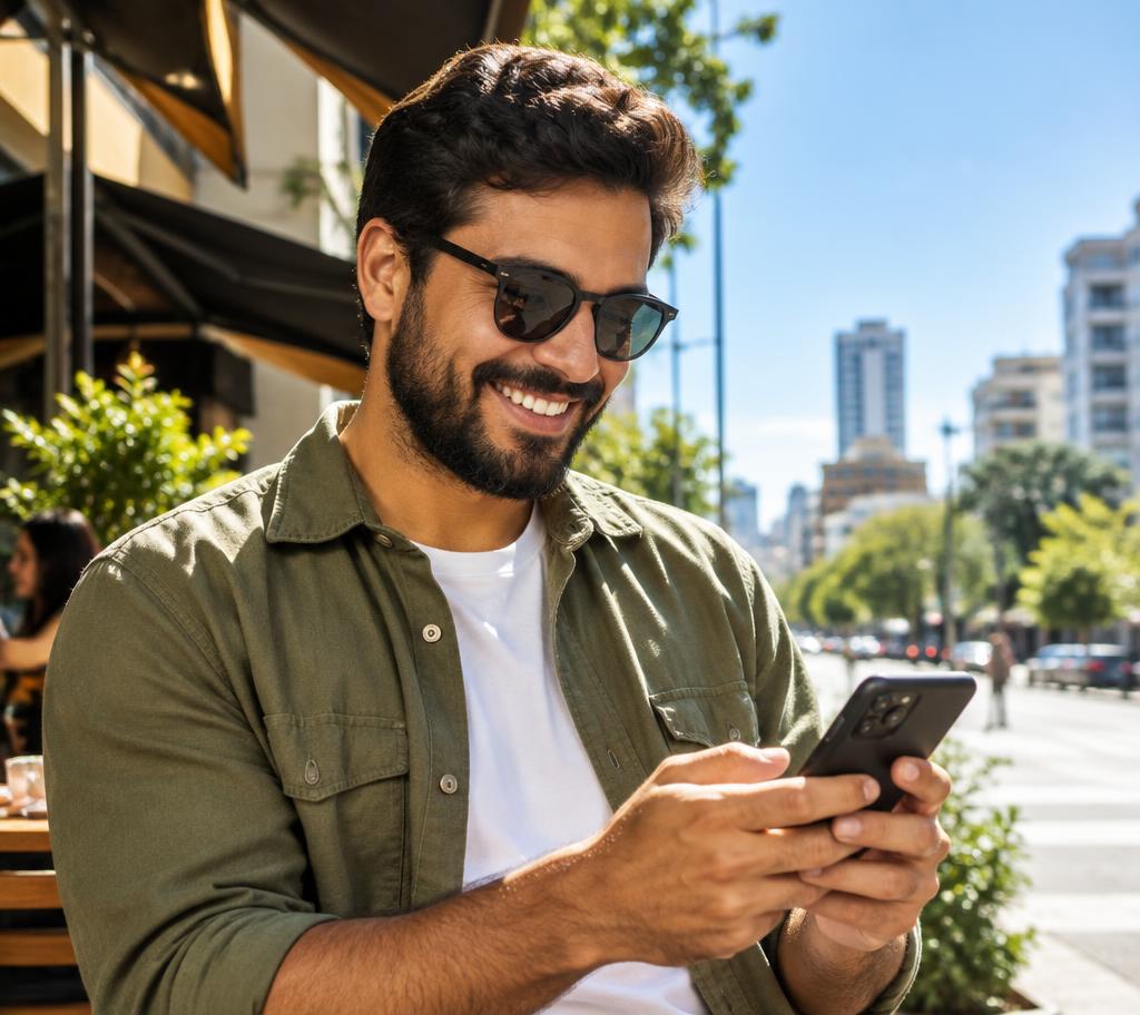 Homem sorrindo enquanto usa o celular